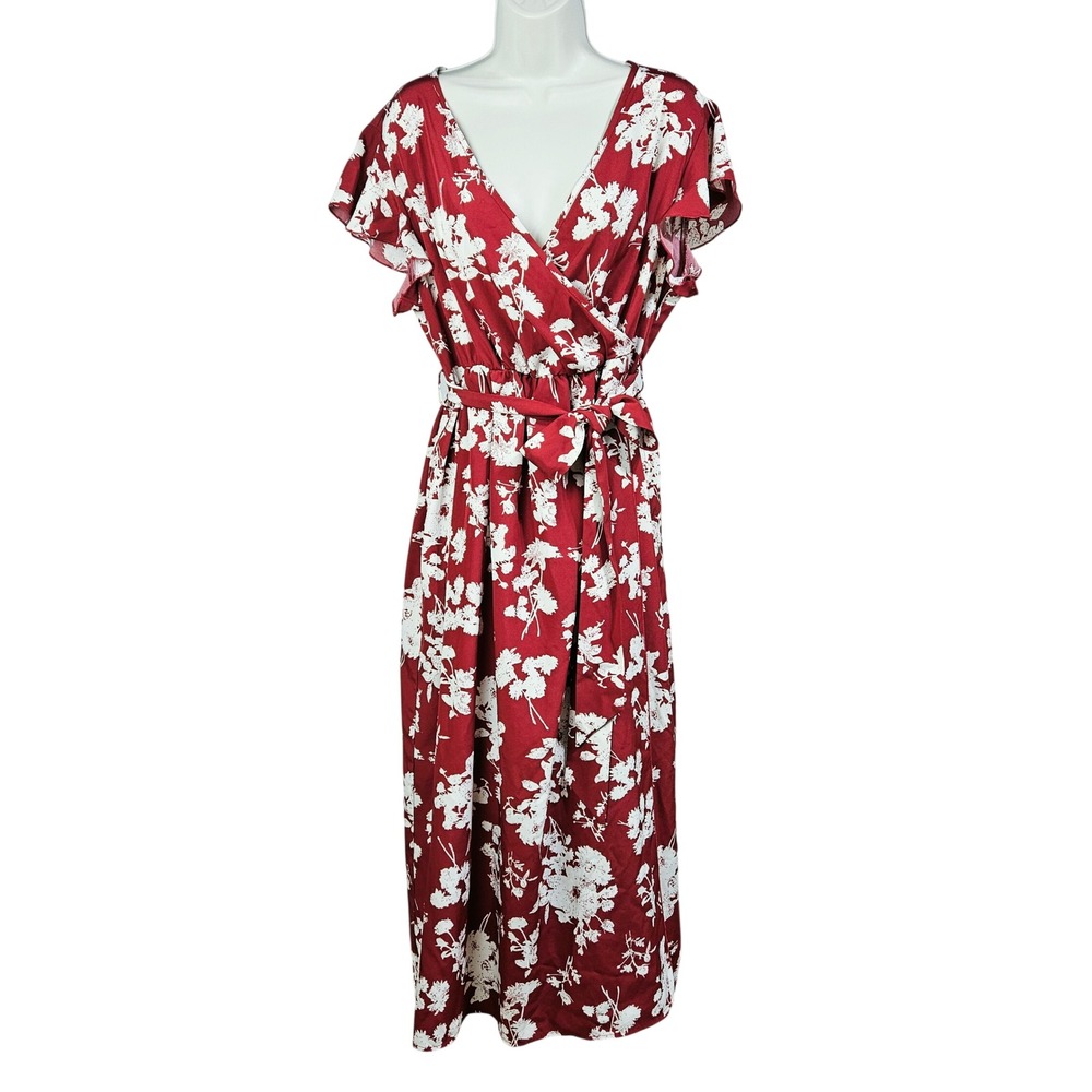 Cottagecore Burgundy White Floral Flutter Sleeve Wrap Midi Dress 2X Garden Boho
